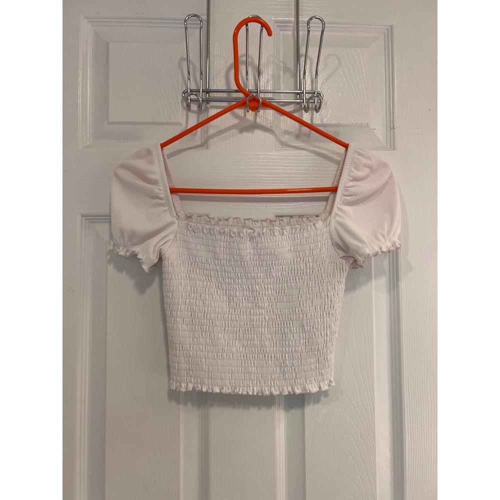 Wilfred Smocked Crop Top White Square Neck Puff Sleeve Lettuce Trim Small